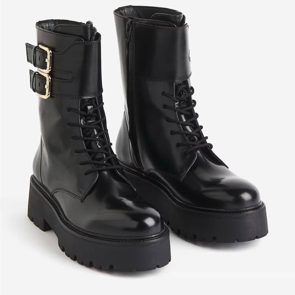 H&M Premium Black Leather Combat Boots